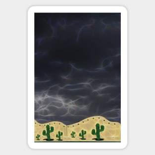 very black rain filled sky with a few stylized cactus plants Sticker